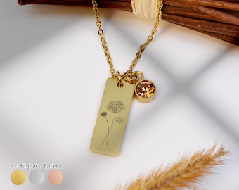 Birth Flower Necklace, Personalized Necklace with Rectangular Plated Engraving