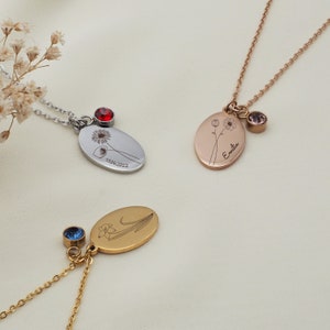 Personalized necklace with birth flowers and birthstone in gold, rose gold, silver, personalized birth gift