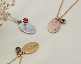 Personalized necklace with birth flowers and birthstone in gold, rose gold, silver, personalized birth gift