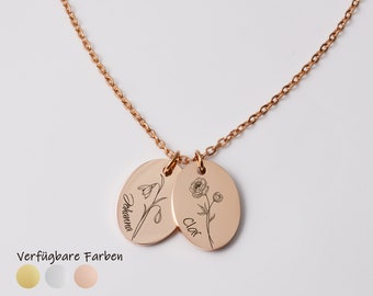 Personal Necklace, Birth Flower Necklace, Oval Pendant with Engraving