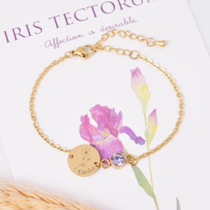 Personalized bracelet with engraving & birthstone, adjustable stainless steel bracelet in silver, gold, rose gold, baptism gift