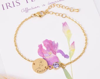 Personalized bracelet with engraving & birthstone, adjustable stainless steel bracelet in silver, gold, rose gold, baptism gift