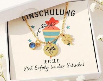 Schulkind Kette 2026 personalisiert mit Name und Geburtsstein | Glücksklee Halskette zur Einschulung | Geschenk zum Schulanfang