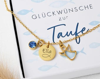 Taufkette Schutzengel mit Gravur | personalisiert mit Name und Geburtsstein | Geschenk zur Taufe Mädchen | Weihnachtsgeschenk Patenkind