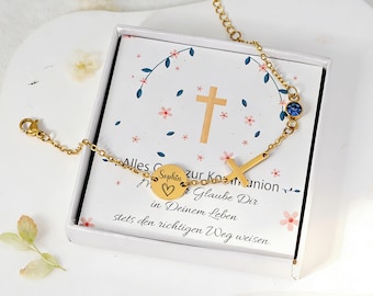 Kommunion Armband Mädchen personalisiert – Kreuz mit Gravur & Geburtsstein – Geschenk zur Erstkommunion