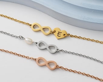 Pulsera de amistad infinita, pulsera grabada con perla de agua dulce y símbolo de infinito, acero inoxidable en plata, oro, rosa, con caja de regalo