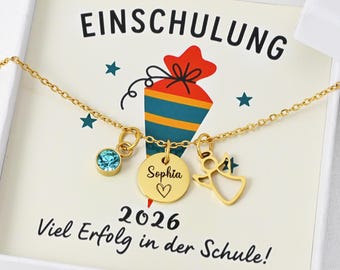 Mutmacher Schutzengel Kette zur Einschulung 2026 | Schulkind Halskette mit Name und Geburtsstein