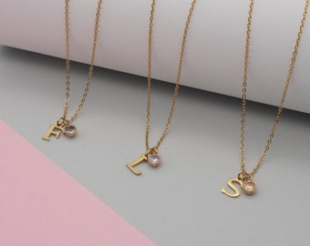 Initial Letter Pendant Necklace with Birthstone, Gold Initial Pendant, Heart Shaped Zircon, Personalized Gift