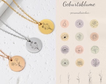 Birth flower bouquet necklace with name engraving – Individual mother-daughter jewelry set for birthdays or pregnancy