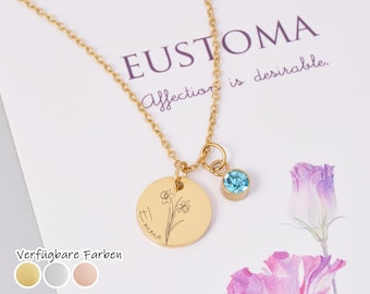 Birthflower necklace with birthstone, Necklace with engraving, Birthstone, Zodiac sign necklace, Name engraving jewelry