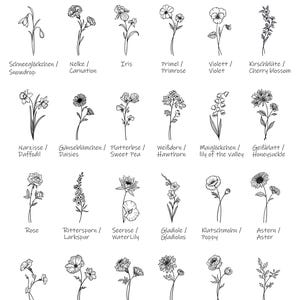 K&ouml;nnte beinhalten: Schwarz-Wei&szlig;-Illustration verschiedener Blumen, darunter Schneegl&ouml;ckchen, Nelken und Rosen. Der Text "Blumen Kollektion / Flowers Collection" steht oben, mit den Namen jeder Blume auf Deutsch und Englisch. Ein botanischer Leitfaden.