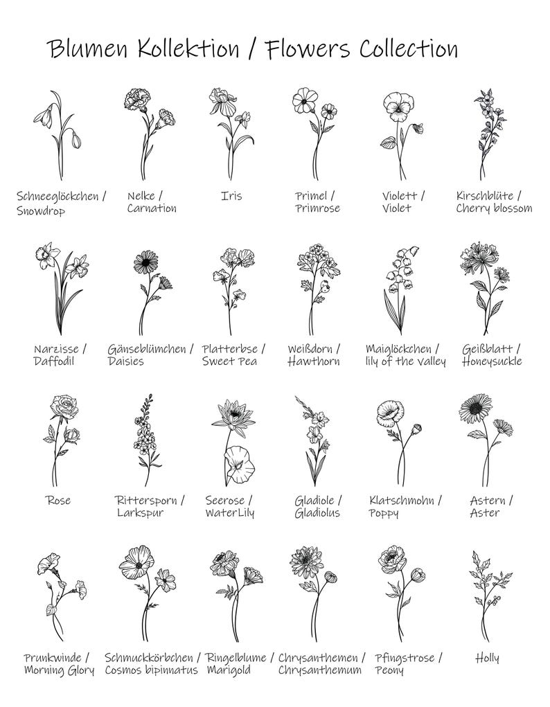 K&ouml;nnte beinhalten: Schwarz-Wei&szlig;-Illustration verschiedener Blumen, darunter Schneegl&ouml;ckchen, Nelken und Rosen. Der Text "Blumen Kollektion / Flowers Collection" steht oben, mit den Namen jeder Blume auf Deutsch und Englisch. Ein botanischer Leitfaden.