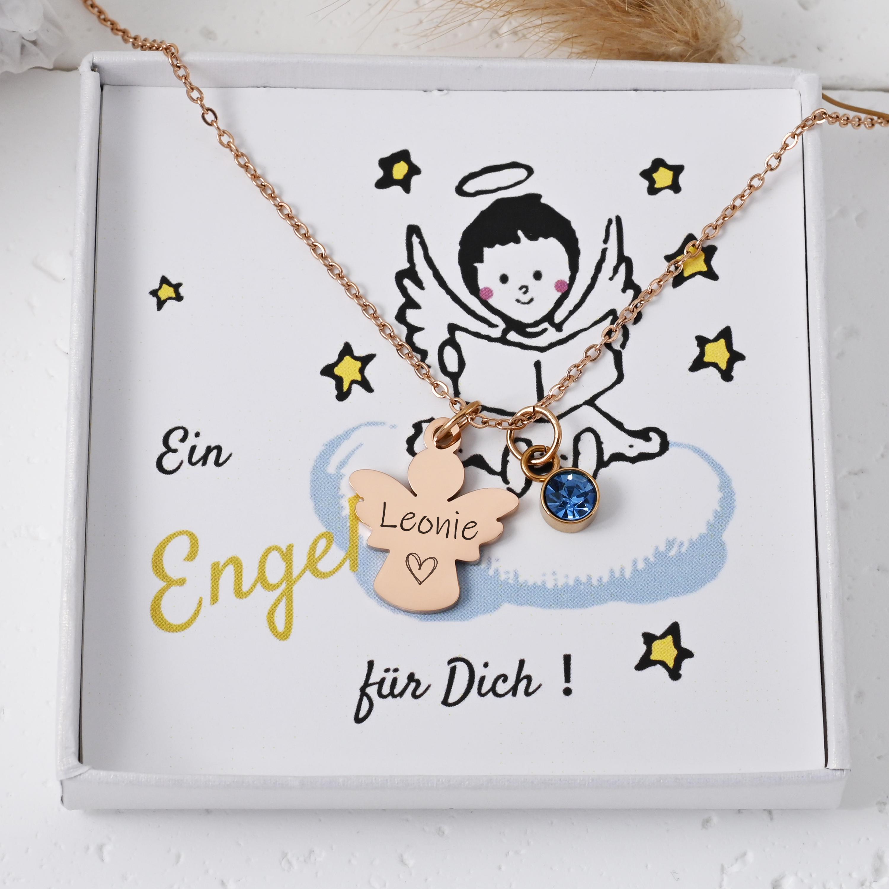 Collier Ange Gardien Personnalisable Avec Pierre De Naissance - Cadeau Baptême Communion Fille - Or Rose Acier