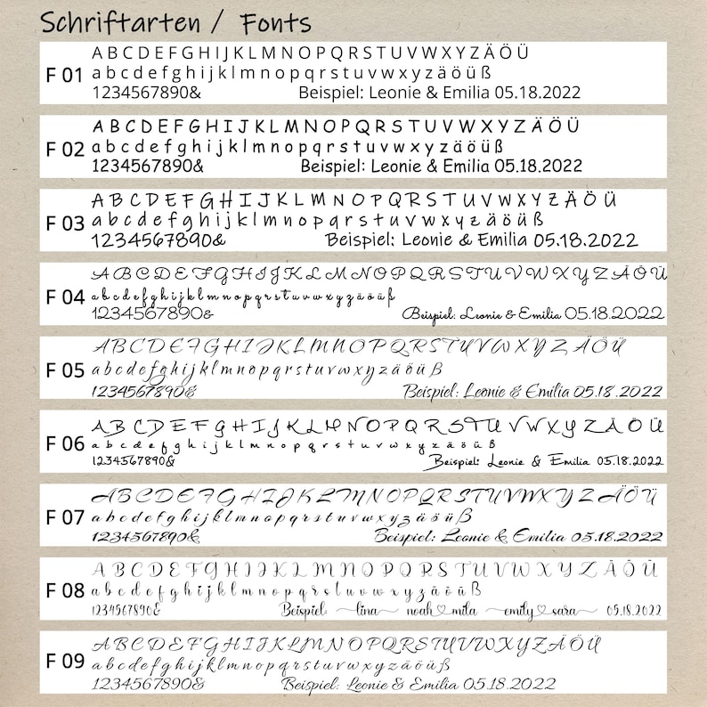 K&ouml;nnte beinhalten: Eine &Uuml;bersicht &uuml;ber neun verschiedene Schriftarten, jeweils mit Gro&szlig;- und Kleinbuchstaben, Zahlen und Sonderzeichen. Jede Schriftart ist mit einem Code wie F01 gekennzeichnet und enth&auml;lt einen Beispieltext. Der Titel lautet "Schriftarten / Fonts".