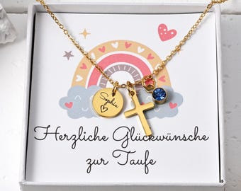 Necklace Cross Baptism Gift – Stainless Steel, 18K Gold, Rose – Personalized Name Necklace with Birthstone – Birthday Gift, Lucky Charm