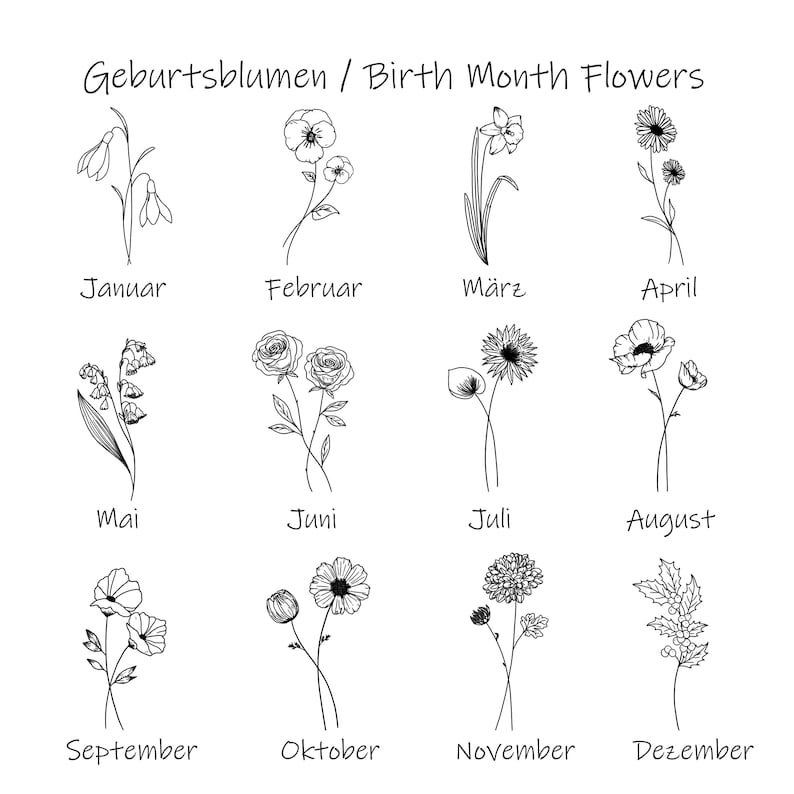 K&ouml;nnte beinhalten: Schwarz-Wei&szlig;-Illustration von Geburtsmonatsblumen. Jeder Monat wird durch eine andere Blume dargestellt, wobei der Name des Monats darunter geschrieben steht. Die Monate sind auf Deutsch und Englisch.