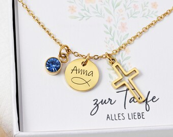 Baptismal cross necklace made of stainless steel · personalized name necklace with birthstone · Christmas gift & baptism gift for children