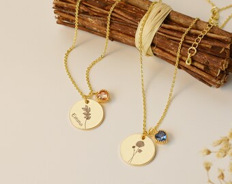 Birth flower necklace, heart birthstone, personalized engraving, name necklace, special gift for her