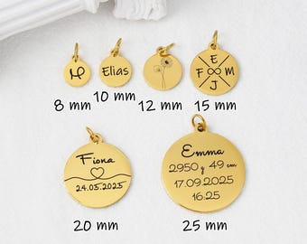 Zusatz-Anhänger mit Gravur – Runde Plättchen (8–25 mm) in Gold, Silber oder Roségold – Personalisierbar für Ketten & Armbänder