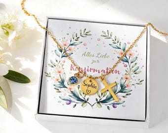 Konfirmation Kette Mädchen mit Kreuz – personalisierte Kommunion Kette mit Gravur & Geburtsstein – Geschenk zur Erstkommunion oder Firmung