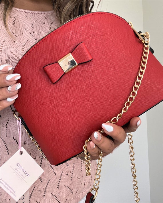 Red Vegan Purse With Chain and Gold Details Trendy Purse Red