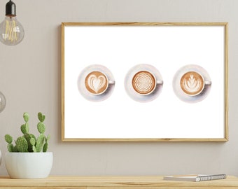 Latte Trio Coffee Wall Art Poster Print | Coffee Shop and Kitchen Wall Decor