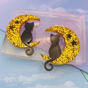 Clear Silicone Mold for Resin Halloween 4.2cm Cat on Star Moon Brooch Dangle Earring Mold Jewellery mold witch clear silicone mould