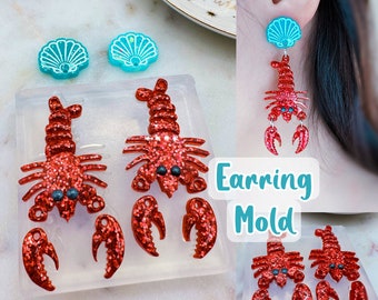 Clear Silicone Mold for Resin 5.5cm 3D Lobster and Shell Dangle Earring Mold