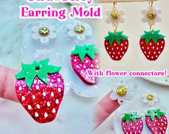 Clear Silicone Mold for Resin 3D Strawberry with Flower Connector Dangle Earring Mold