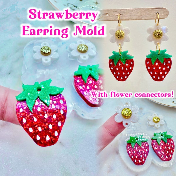 Clear Silicone Mold for Resin 3D Strawberry with Flower Connector Dangle Earring Mold