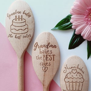 Grandma, Nana, Nanny, Granny, Gran, Mum, Dad, Bakes the best cakes Personalised Wooden Spoons, Cake Baking, Birthday Gift, Present Cooking image 5