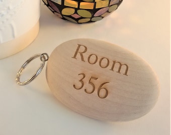 Engraved Large Wooden Pebble Keyring, Hotel door key, engraved with any logo or room number, FSC approved, locally sourced natural product