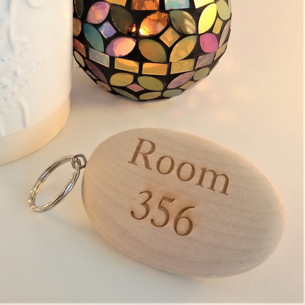 Engraved Large Wooden Pebble Keyring, Hotel door key, engraved with any logo or room number, FSC approved, locally sourced natural product