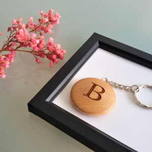 Personalised Round Wooden Keyring Star or Heart With Name & Initial, FSC Wood, Gift or Present 40mm in diameter image 4