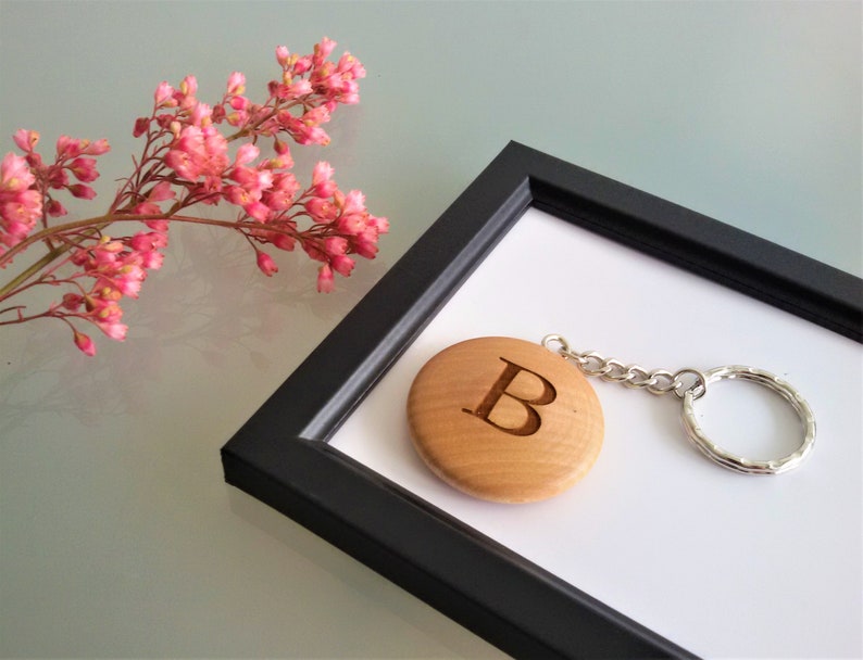 Personalised Round Wooden Keyring Star or Heart With Name & Initial, FSC Wood, Gift or Present 40mm in diameter image 4