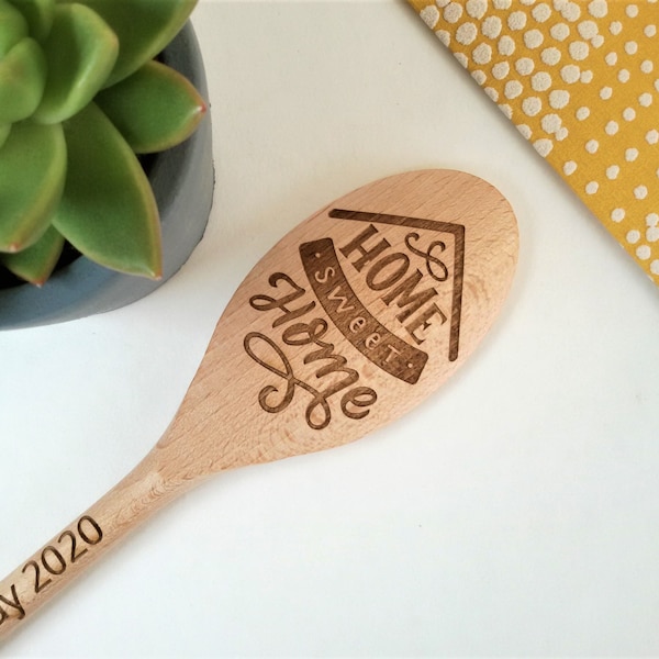 Home Sweet Home Personalised Wooden Spoon, Any message, name or date on the handle, natural wooden product.