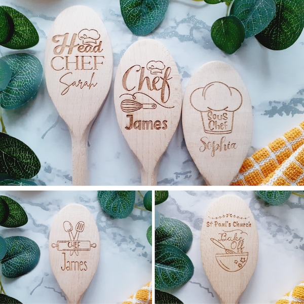 Chef Design - Personalised Wooden Spoon, Head Chef, Sous Chef, Cooking, Award, 20cm, 30cm, 35cm, Gift / Present Wood, Stirring Spoon