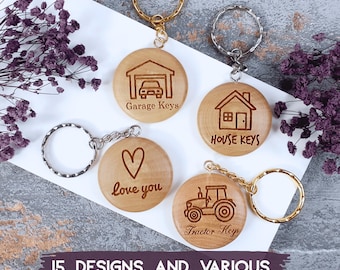 Personalised Wooden Keyring, Custom Engraved Keychain, Round Hardwood Key Ring, Handmade Gift, Choice of Designs & Fonts, Made in England