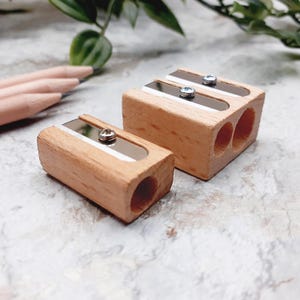 Wooden Pencil Sharpener – Single or Double Hole, Desk Accessory, Teacher & Artist Gift, Eco Friendly, Natural Wood