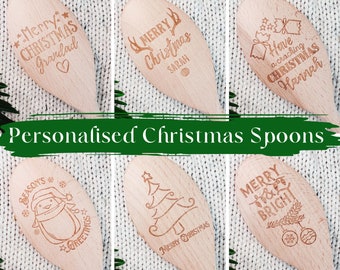Christmas Spoon Design - Personalised Wooden Spoons, Named, Cracker, reindeer, Name, Happy Holidays, Xmas gift, table decoration