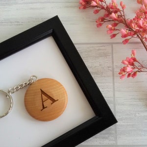 Personalised Round Wooden Keyring Star or Heart With Name & Initial, FSC Wood, Gift or Present 40mm in diameter image 3