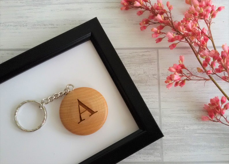 Personalised Round Wooden Keyring Star or Heart With Name & Initial, FSC Wood, Gift or Present 40mm in diameter image 3