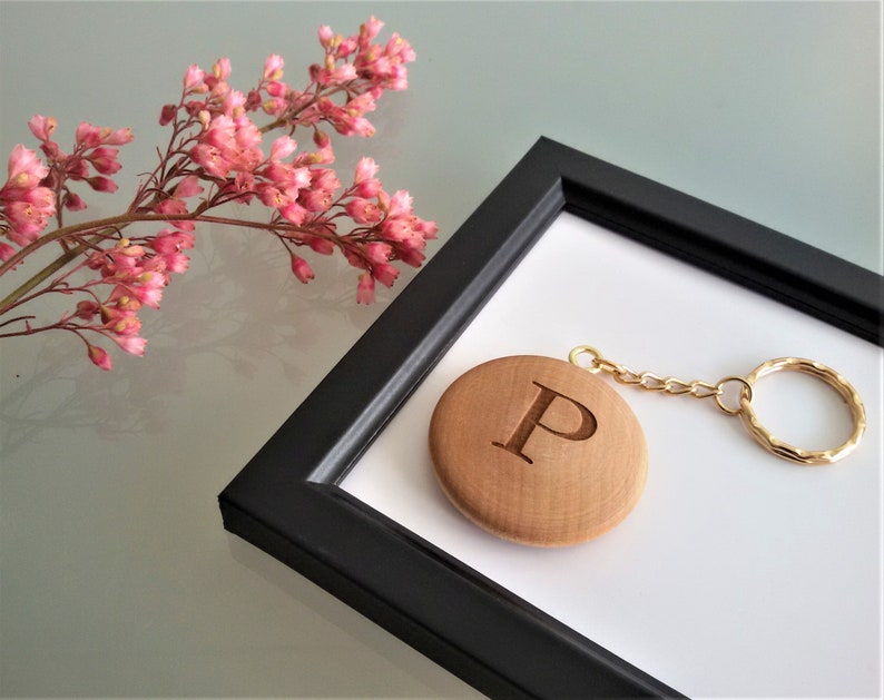 Personalised Round Wooden Keyring Star or Heart With Name & Initial, FSC Wood, Gift or Present 40mm in diameter image 7