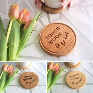 Touch Wood For Luck Round Wooden Coaster, Solid, Locally sourced Timber, choose from different wood, lucky wooden gift