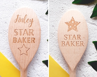 Star Baker Wooden spoon personalised cooking utensil stirring spoon top chef stirrer, Natural wood spoon award, turned made in England Gift