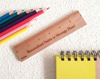 Personalised Wooden Ruler, Cherry 15cm or 6 inches wood ruler, laser engraved any text or font. Name engraved school, logo or image Natural