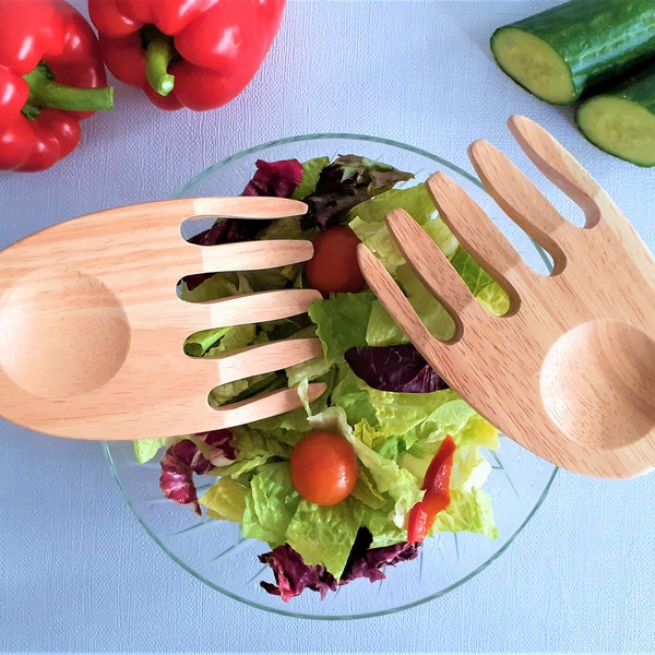 Salade en bois naturel Mains de haute qualité, doigts, fileuse, lancer, été, cuisine de serveur artisanat, bois uni