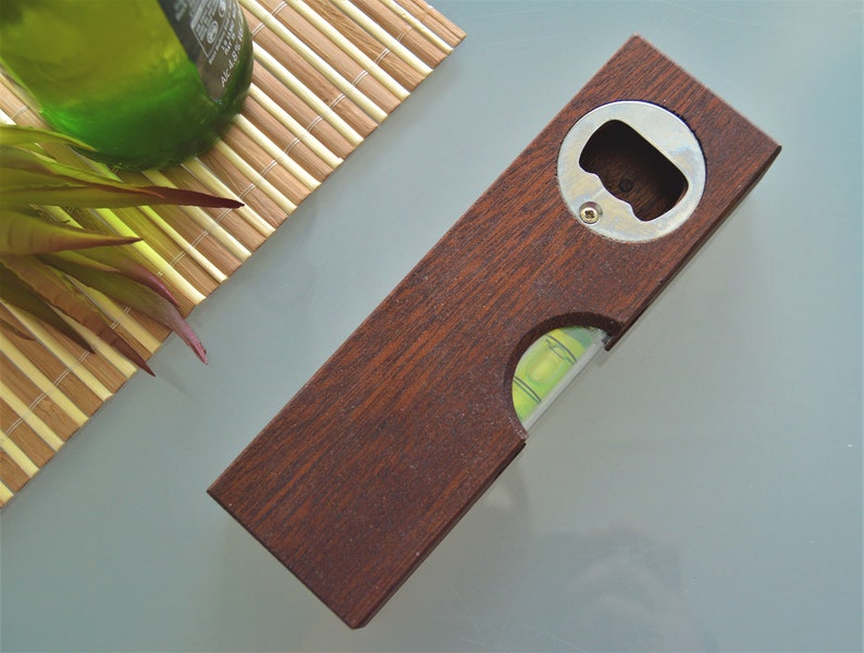 Personalised Walnut wooden bottle opener with built in spirit level, father's day, Birthday, For Him, Builder, Tradesman Present. image 2