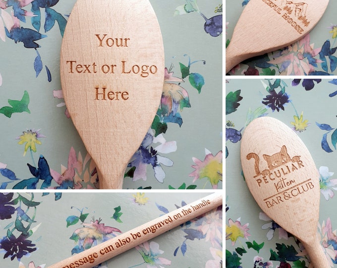 Personalised Wooden Spoon – Custom Engraved Corporate Gifts, Cooking / Baking Awards, Head & Handle Branding, Logo or Text and Handle, UK