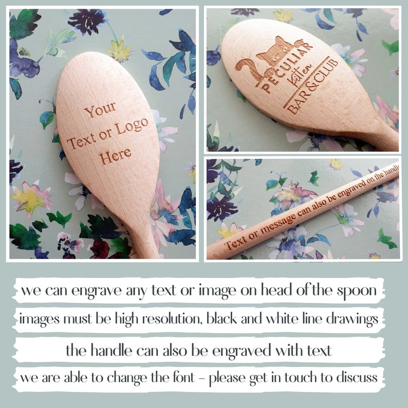Personalised Wooden Spoon, Cooking, Chef, Award, any text or logo can be engraved on the handle and head, laser engraved, 20cm, 30cm, 35cm image 2